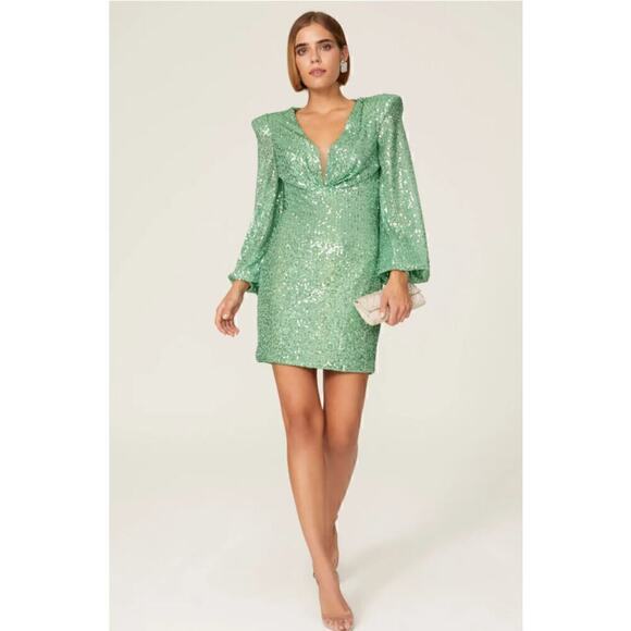 B34 Mac Duggal Sequin Blouson Sleeve Mini Dress Womens 4 Retro Swiftie Vegas - Picture 1 of 8